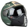 The کلاه کاسکت آیرو مدل J106G is a matte green and beige motorcycle helmet with a clear visor, black chin guard, Airoh branding on the front, and an angular, modern aerodynamic design.