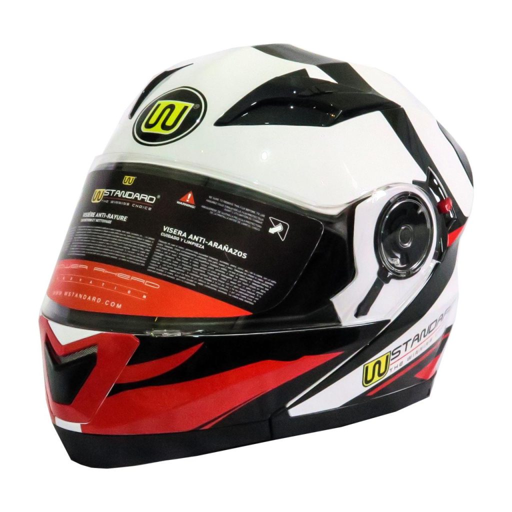 The کلاه کاسکت دابلیو استاندارد مدل Race is a white, black, and red motorcycle helmet with a clear visor, aerodynamic design, and yellow W Standard logos on the front and sides.