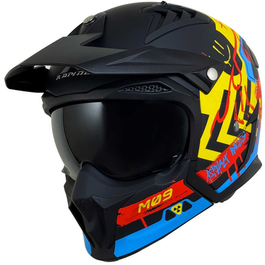 خرید کلاه کاسکت فک جدا RAPIDO مدل 890 MATT-FLUO-BLUE-YELLOW-RED 9#A