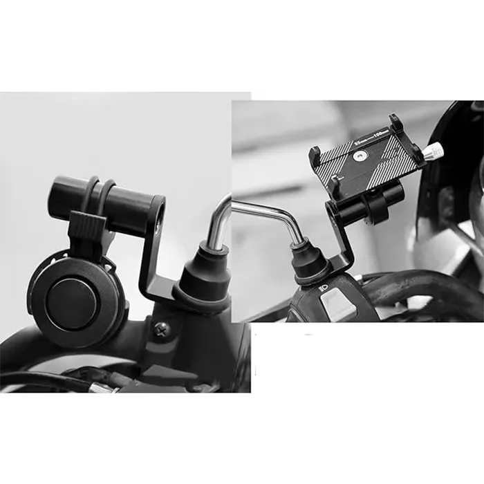 تصویر تقسیم‌شده‌ای که دو پایه مختلف برای دسته فرمان موتورسیکلت را نشان می‌دهد: یکی برای بوق و دیگری برای نگهدارنده گوشی هوشمند، که هر دو به دسته فرمان متصل هستند.