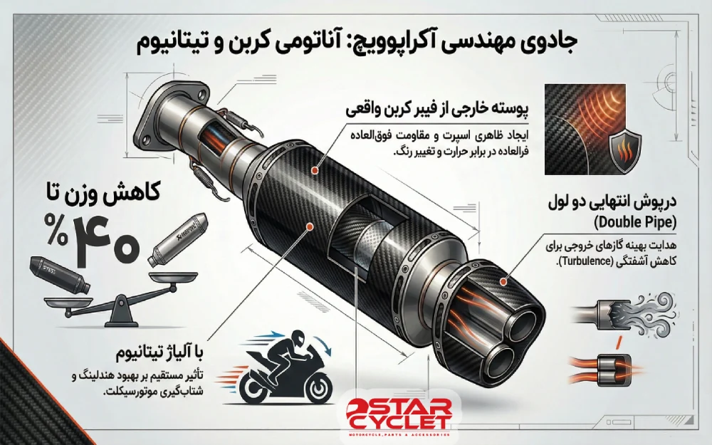 طراحی اگزوز 2لول بلند اصلی AKRAPOVIC مدل CARBON FIBER